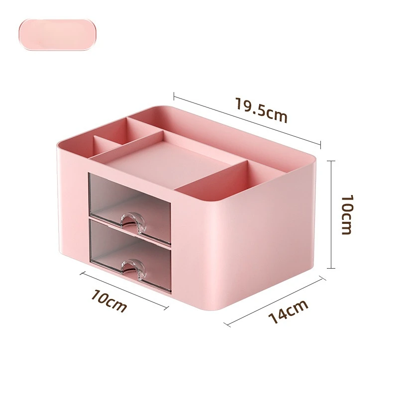Simple Solid Color Pen Holder with 2 Drawer Large Capacity Multifunction Stationery Storage Box Student Office Desktop Organizer
