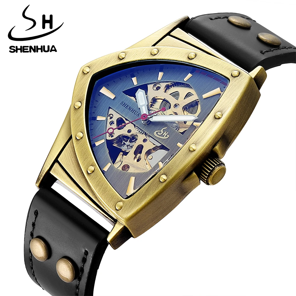 SHENHUA Steampunk สามเหลี่ยมผู้ชาย Skeleton Mechanical นาฬิกา Vintage Hollow Movement สายหนังแฟชั่นนาฬิกาข้อมือ Cool นาฬิกา