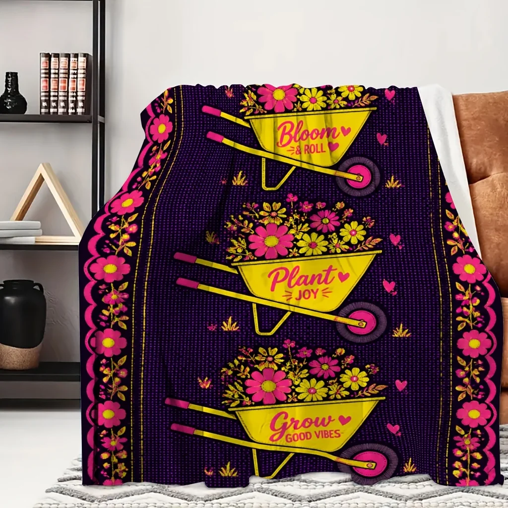 1pc Purple Rose Wheel Barrow Farm Floral Vintage Print Flannel Blanket, Comfortable and All-season Usable, Suitable for Blankets