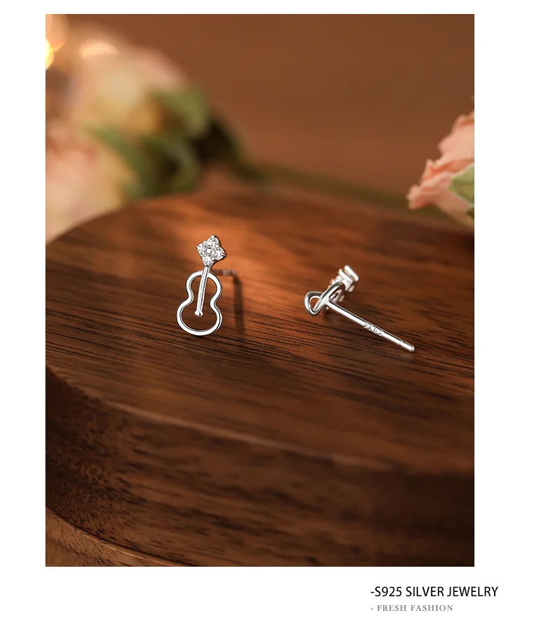 Fashion Female Earring Pure 925 Sterling Silver Violin Note Asymmetric Earrings for Women Hollow Out Micro Inlaid Zircon Jewelry