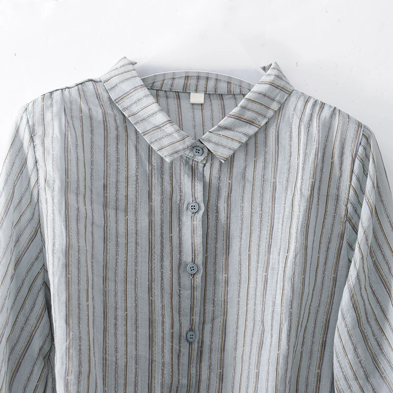 Verão leve respirável listra linho ort sve feminino casual solto emagrecimento solto topo faionable sete pés irt