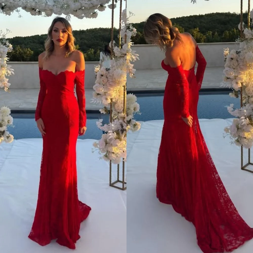 

Customized Simple Elegant Lace Ruched Pleat Mermaid Off-the-shoulder Long Dresses Bespoke Occasion Dresses Sizes Available Sexy
