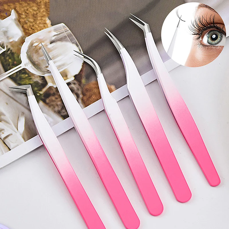 Pinça extensora de cílios, feita de aço inoxidável, alta precisão, antiestática, com pontas de fibra, cor rosa e vermelho