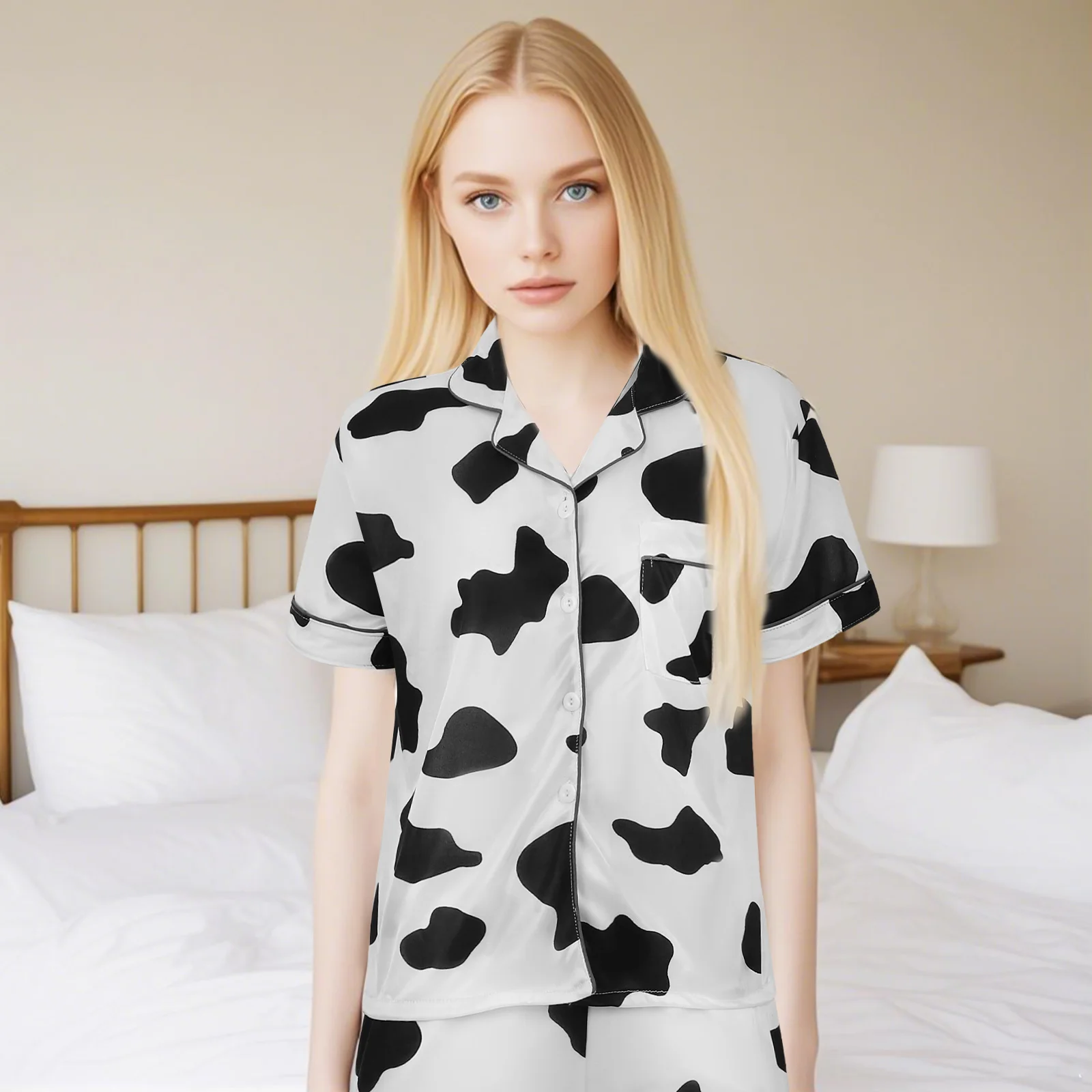 Летние женские пижамы из чистого хлопка с коровьим узором, удобная одежда для сна, повседневный комплект домашней одежды, шорты с короткими рукавами