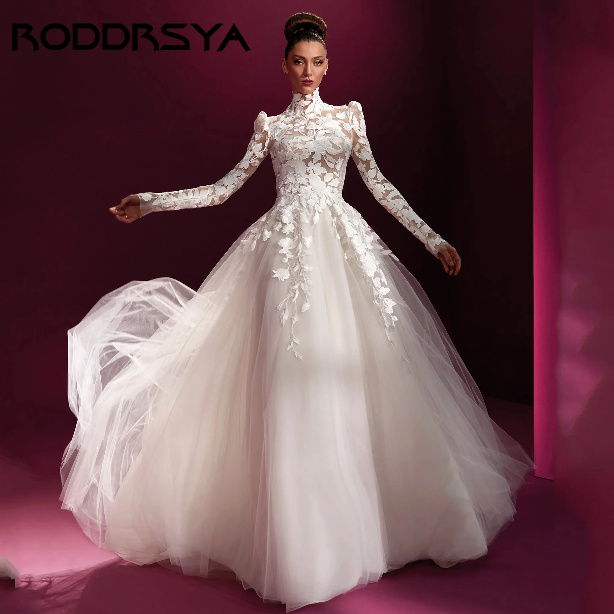 

A-Line Luxury High Neck Wedding Dress Long Sleeves Illusion Back Vestidos De Novia Customized Bride Gowns Plus Size Customized