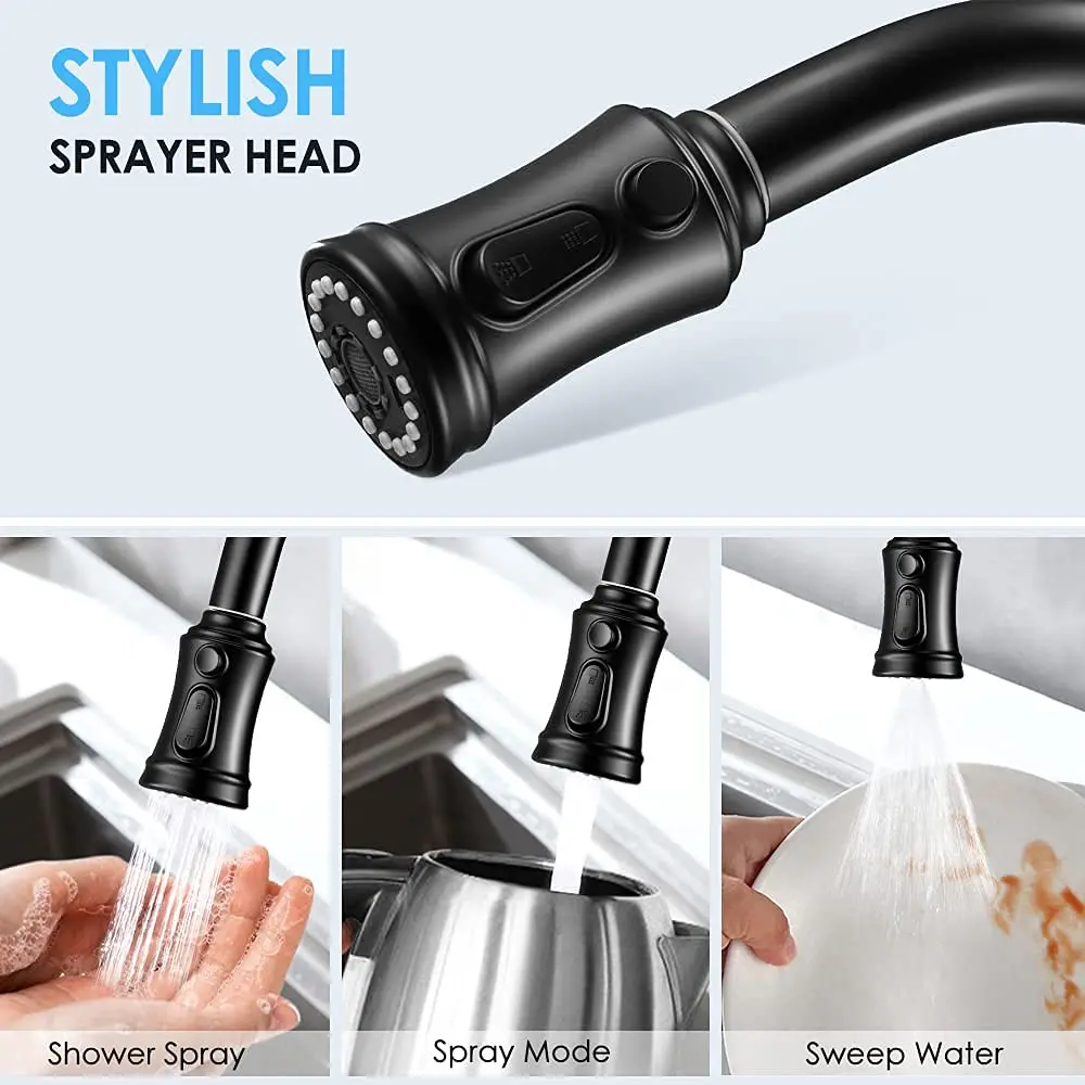 Kitchen Faucet- 3 Modes Pull Down Sprayer Kitchen Tap Faucet Head, Single Handle&Deck Plate for 1or3 Holes, 360° Rotation