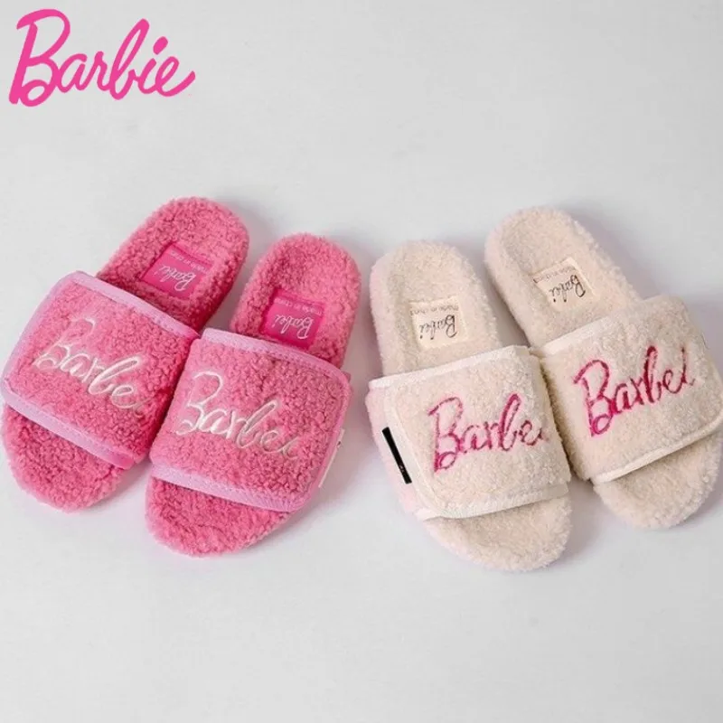 Barbie Autumn and Winter Pink Plush Slippers Kawaii Soft and Comfortable Sherpa Girl Slippers cute Home Shoes Holiday Girl Gift