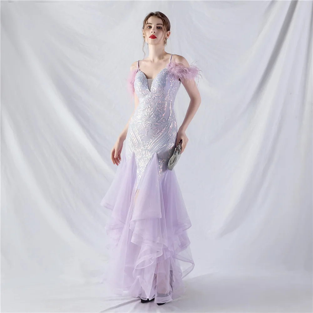 Dearmly Lavender Mermaid Formal Evening Dress 2024 Stunning Sequins Feathers Long Wedding Party Prom Gowns Dropshipping