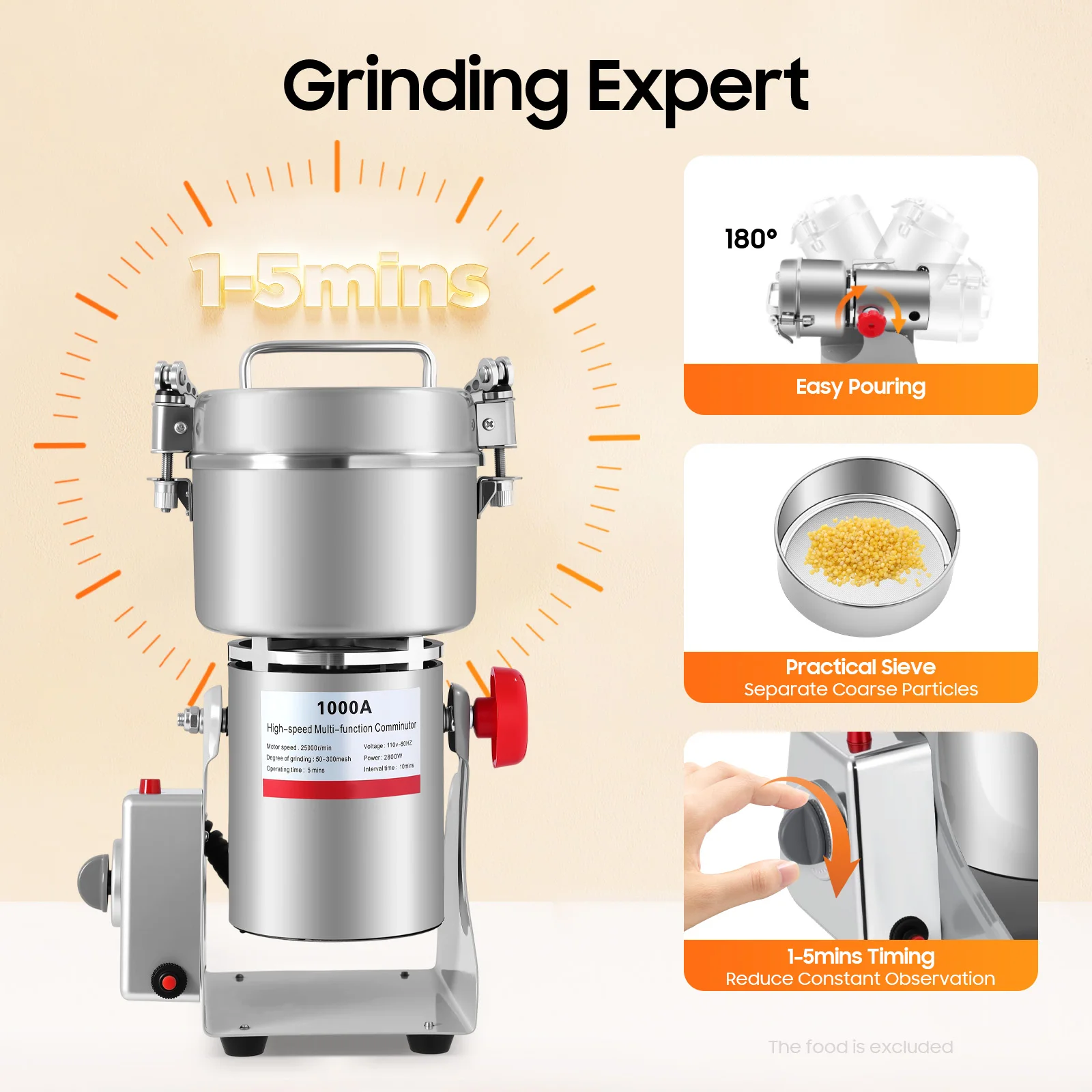 

1000g Electric Grain Mill Grinder, High Speed 3600W Commercial Grinders, Stainless Steel Machine for Dry Grains, Coffee, Corn