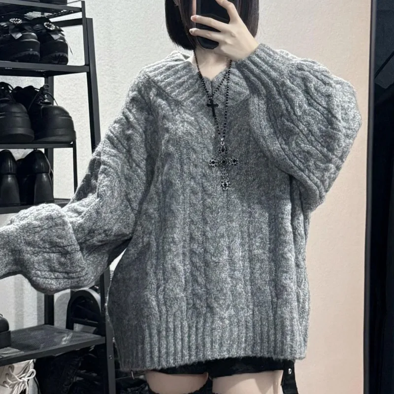 Pullovers Women High Street Autumn Winter Thick Knitted Hot Girls V-neck Off Shoulder Korean Style Loose Ins Ulzzang Solid Gray