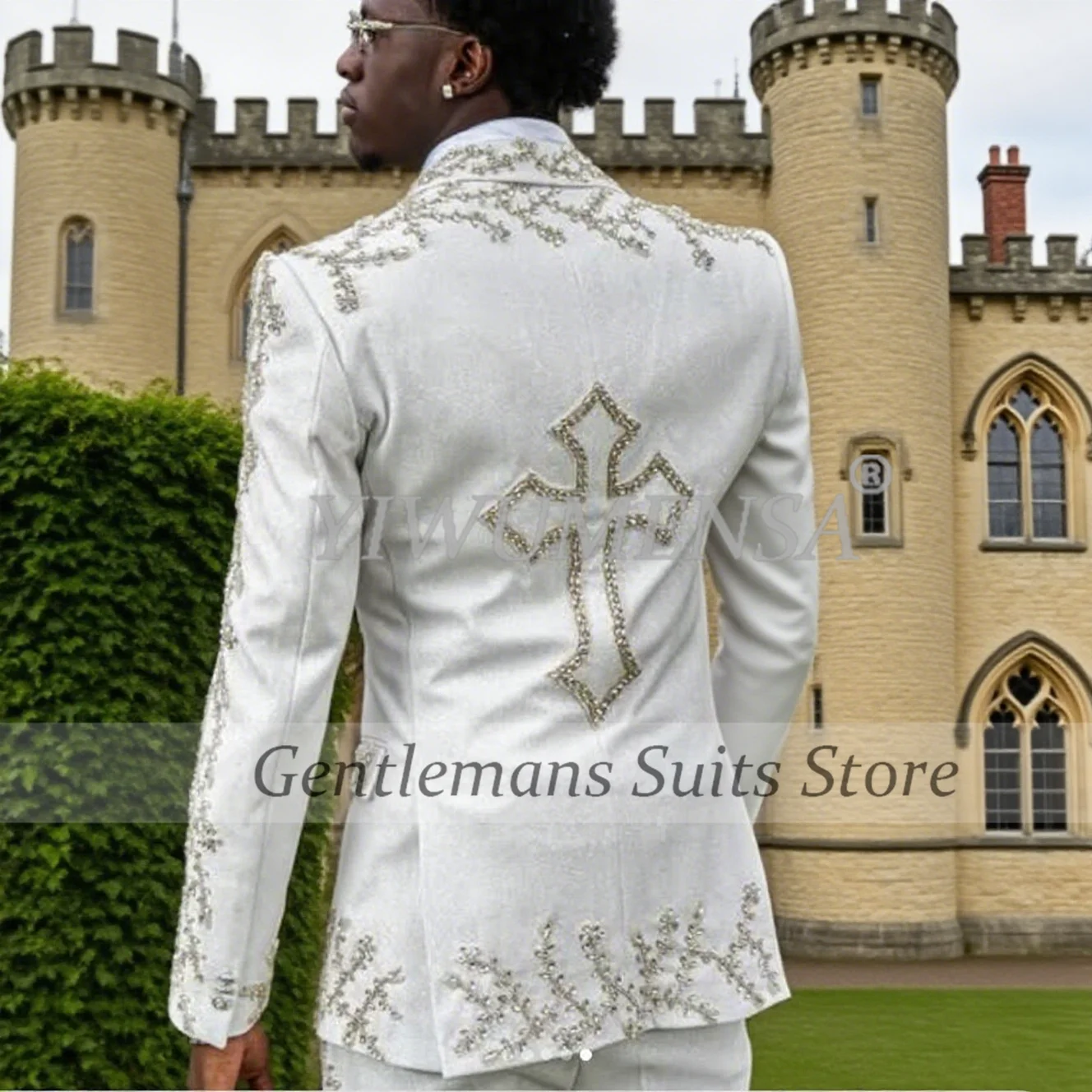 

Luxury Beads Stones Suits Men Slim Fit Single Breasted Prom Blazer Customized 2-Piece Male Chic Wedding Groom Tuxedo ropa hombre