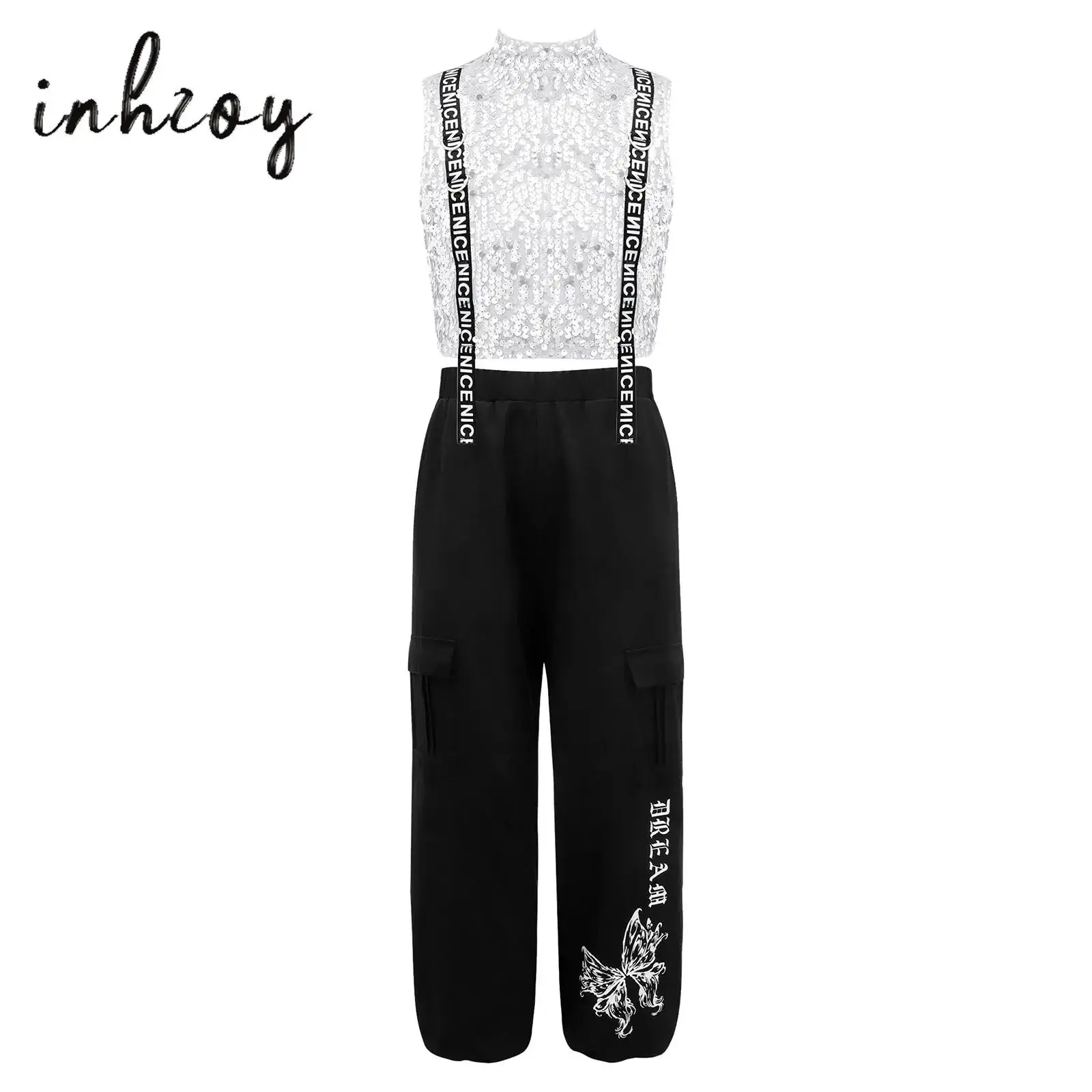 

Girls Sparkly Sequins Jazz Dance Costumes Vest Crop Tops with Cargo Pants Set Hip Hop Jazz Dance Dancewear Performance Outfit