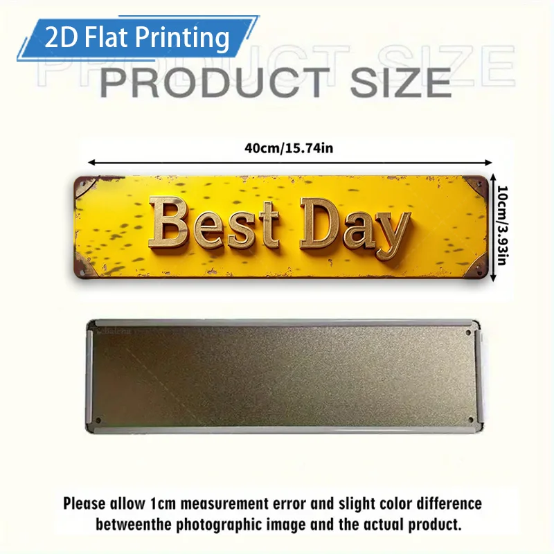 [2D FLAT] قطعة واحدة من اللافتة المعدنية، 4 × 16 بوصة أصفر ريفي "أفضل يوم" لوحة فنية جدارية معدنية لديكور المنزل