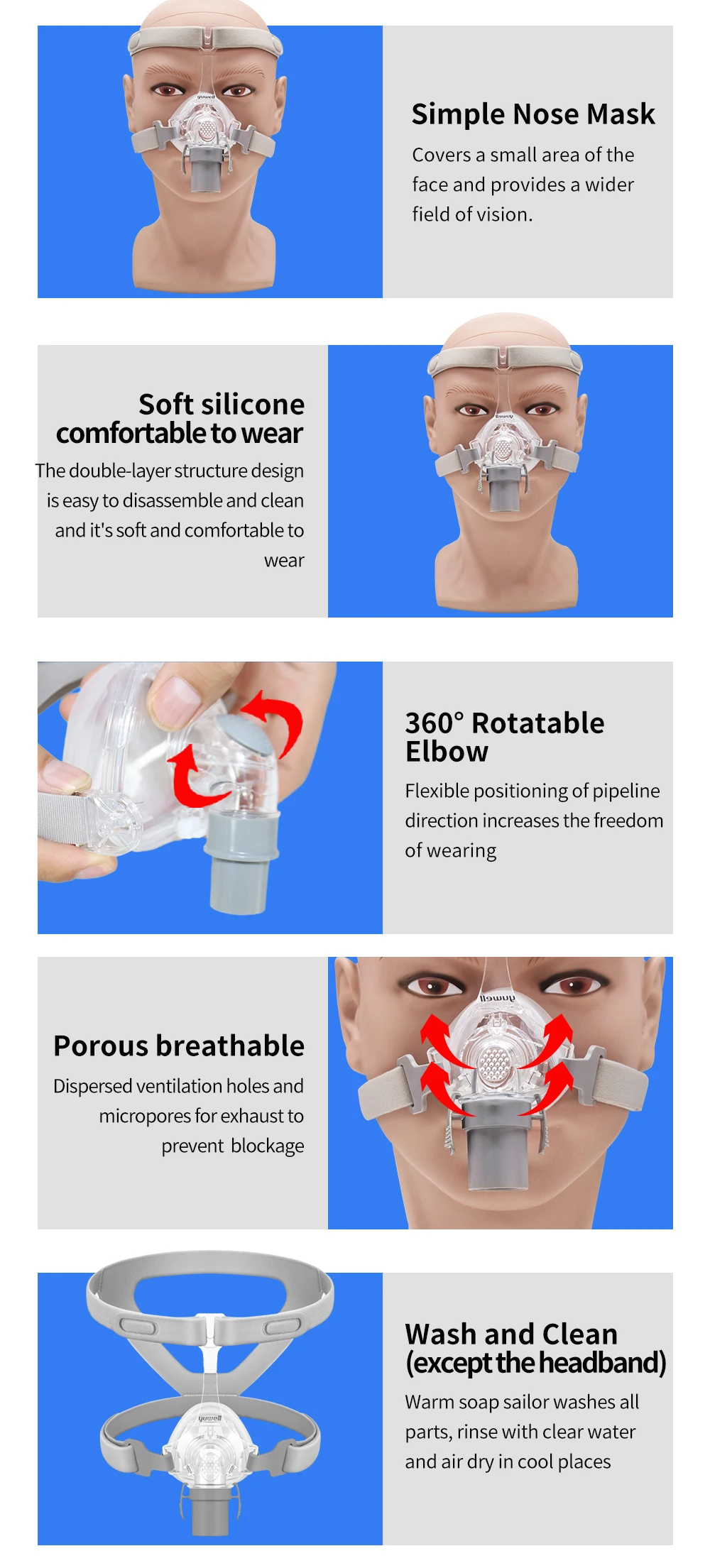 YUWELL Nasenmaske CPAP-Maske mit Kopfband und Silikon-Gelkissen für Auto-CPAP-Geräte, Schlafapnoe-Nasenmaske, Anti-Schnarch-Maske – Detail 11