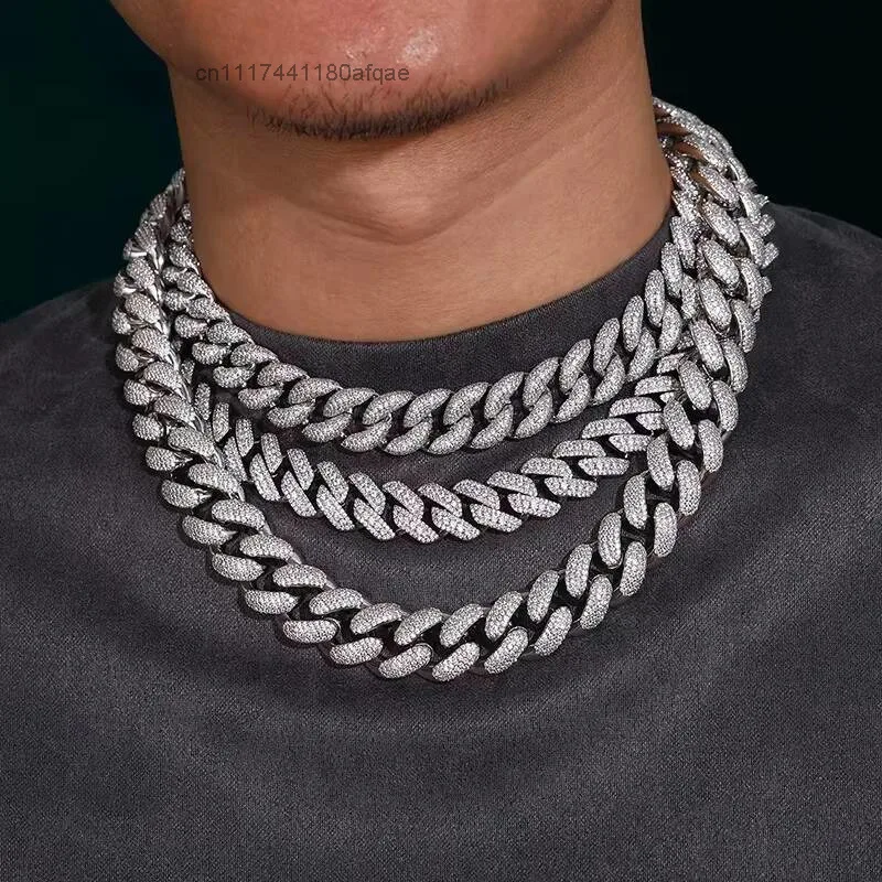 Mens S925 Sterling Silver Necklace 820mm Miami Chain with Cuban VVS Moissanite Link New Singer Style Hip Hop Jewelry.