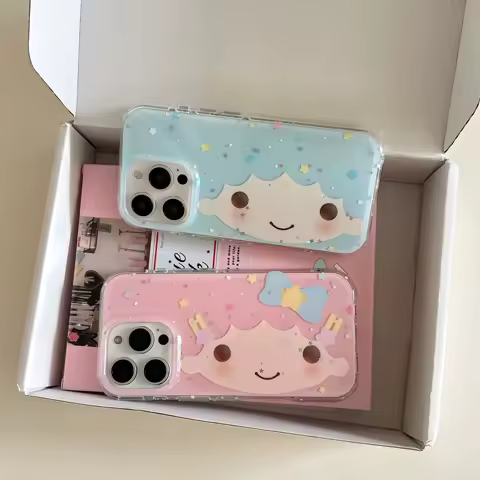 Big Face Little Twin Stars Phone Case for Samsung Galaxy S25 S24 S23 S22 S21 FE Ultra Plus 4G 5G Feather Texture Back Cover