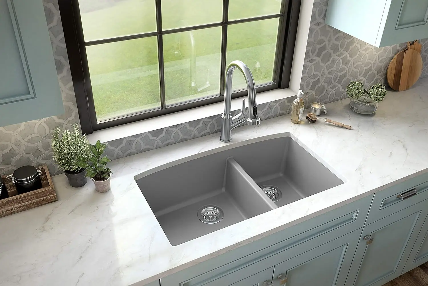 

711 32" Undermount Quartz Composite Kitchen Sink, 60/40 Double Bowl, Rear Drain, Heat & Scratch Resistant, Easy, Customized