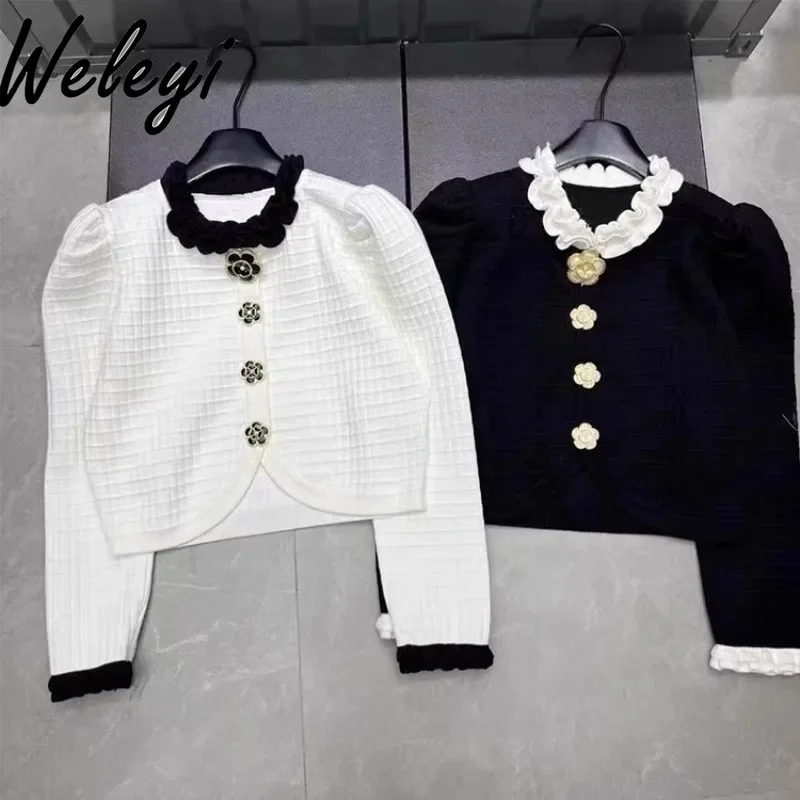 Elegant Camellia Button Short Knit Jacket Office Ladies 2024 Autumn and Winter New Korean Style Woman Lotus Collar Knitted Coat