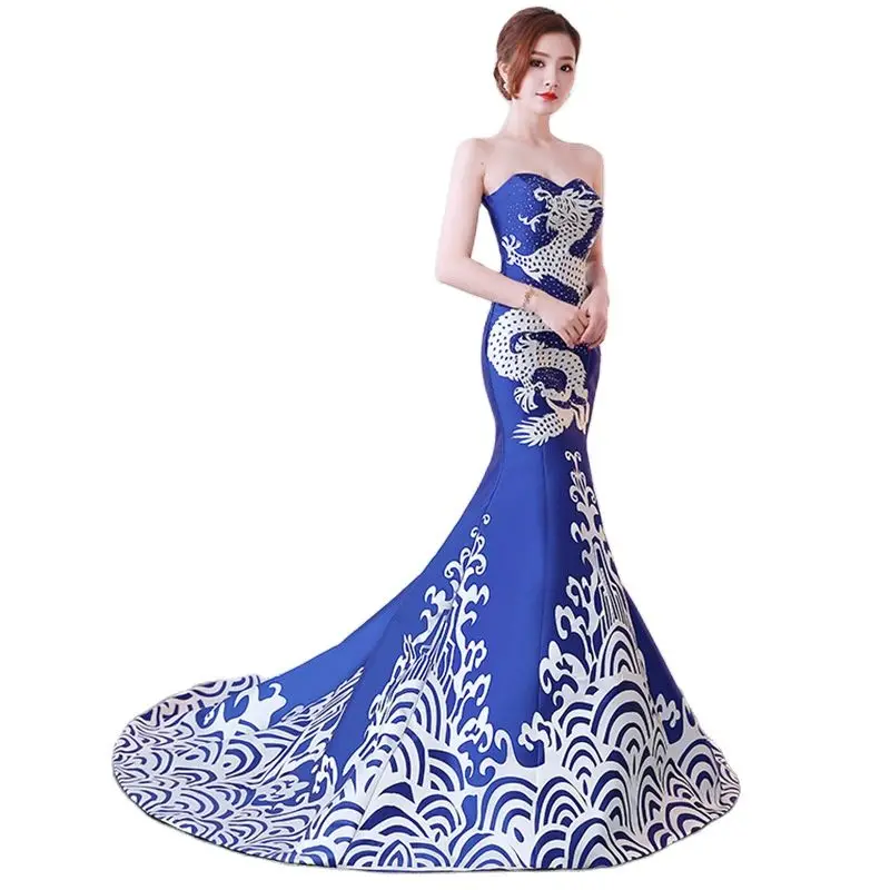 Fashion Chinese Style Oriental Blue Evening Dress Dragon Pattern Qipao Sexy Long Mermaid Trailing Cheongsam Vestidos