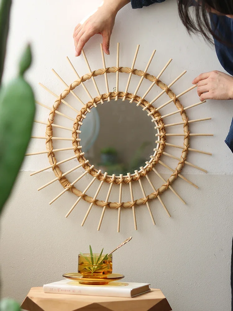 

Rattan mirror art, wall hanging, porch decoration, round mirror, B&B, café, flower shop, hanging mirror, shooting props