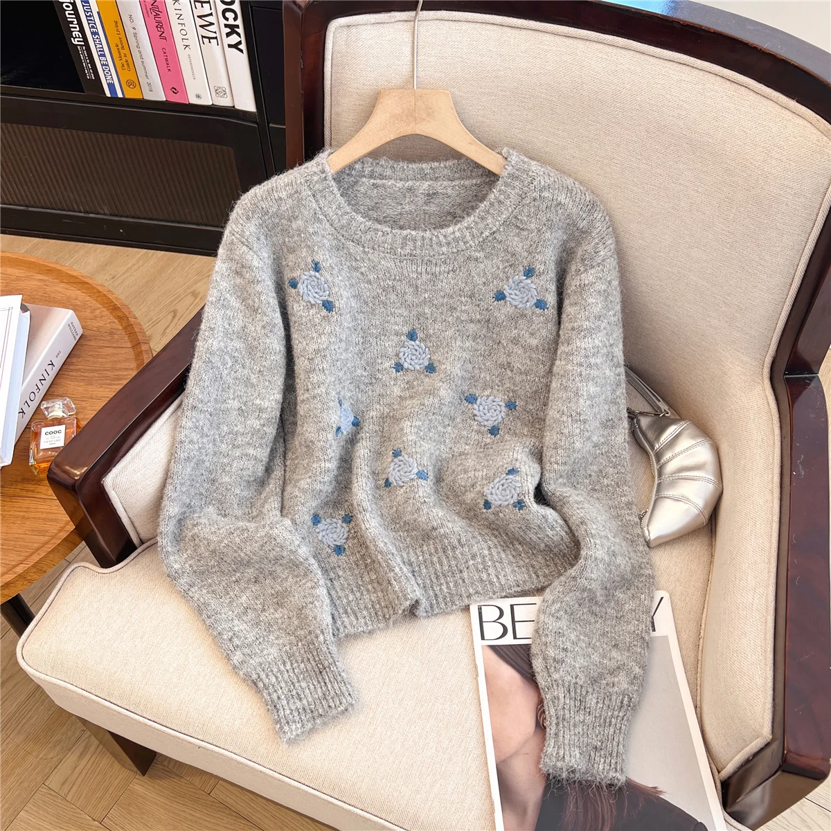 

Women Grey Knit Pullover Sweater Harajuku Vintage Embroidery Knitwear 2000s Y2k Korean Style Loose Long Sleeve Cashmere Sweater