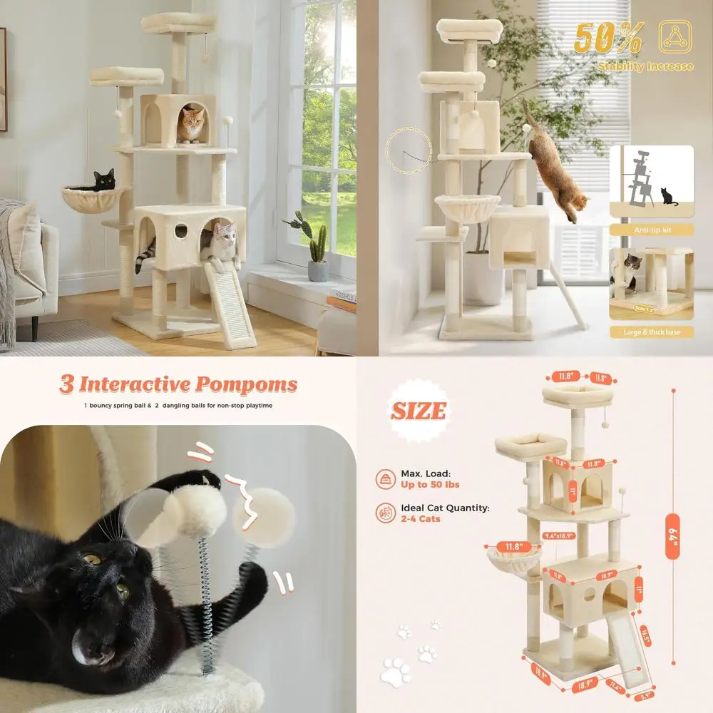 

64 дюйма. Домашний деревянный когтетрости для кошек с 2 мягкими лежанками, 5 стойками для когтеточков, 2 гнездами, 2-в-1 лестницей, гамаком и помпонами, бежевый