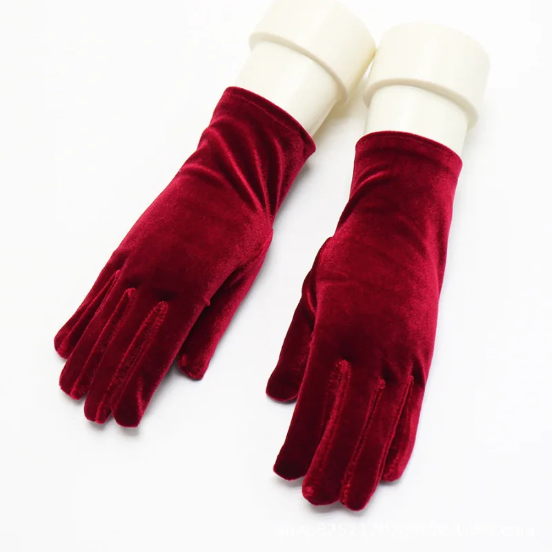 Women Golden Velvet Evening Dress Etiquette Short Gloves Retro Style Banquet Accessories Elasticity Dinner Party Stage Show