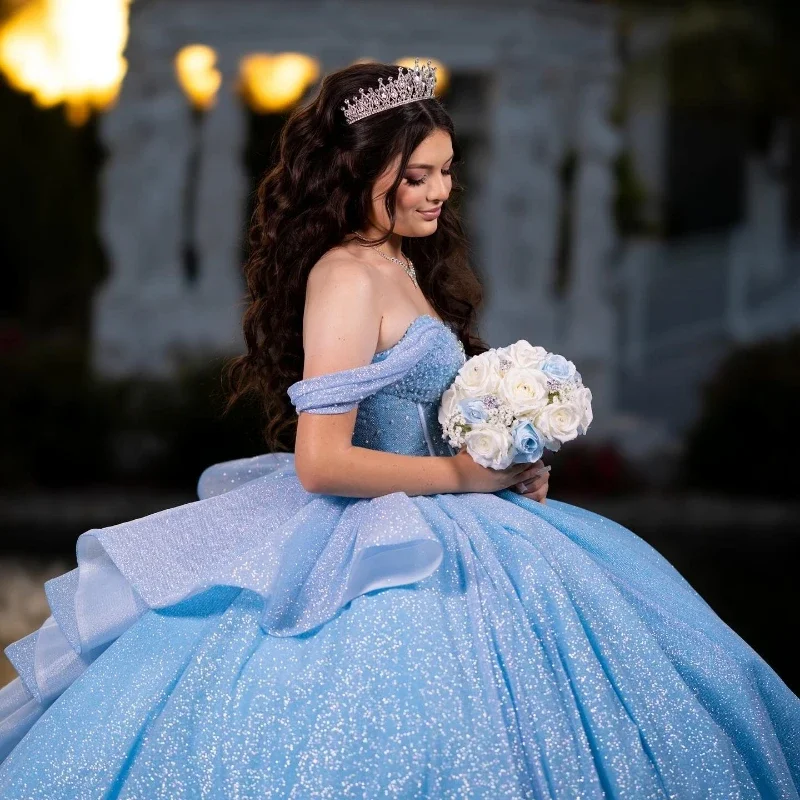 Angelsbridep Blingbling Hemelsblauw Baljurk 15-jarige Quinceanera Jurken Prinses Aangepaste Feestjurk Vestidos De Fiesta