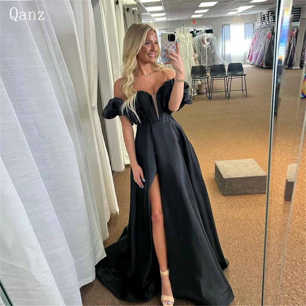 

Qanz Black Evening Dresses High Slit Satin Short Sleeves Party Dresses Long A lLine Elegant Dresses for Women Plus Sizes 2024