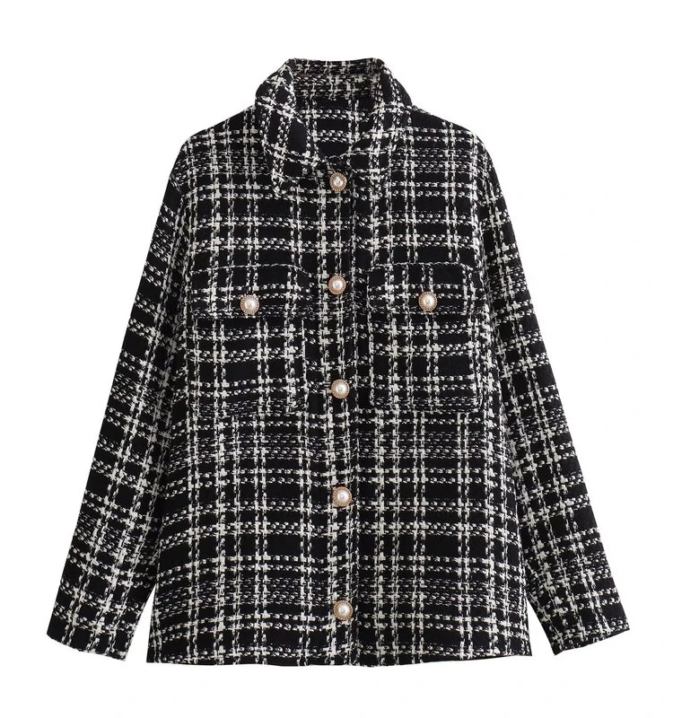 

2023 Autumn New Women's Plaid Texture irt Jaet Design Commute Sle Collar Regular Length Other Material 00%