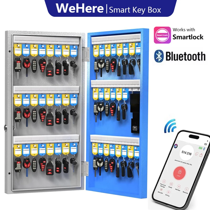 

Разблокировка удаленной авторизации WeHere Smart Lock Box, настенное крепление для шкафа для хранения 48 ключей, OTP/APP Bluetooth/WiFi/код/ключ разблокировки