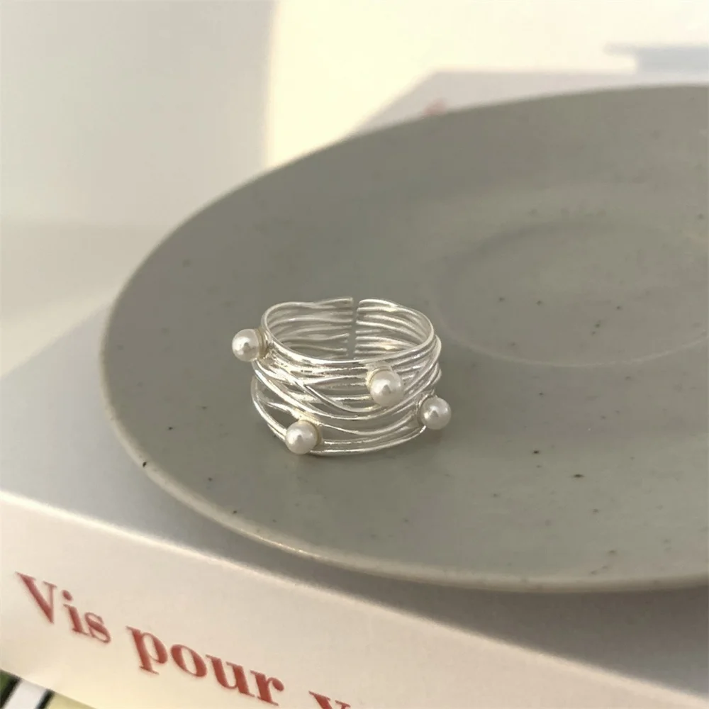 Ring mit geometrischen Linien und Perlenimitat für Damen, schlicht, unregelmäßig, breiter Rand, offener Ring, Schmuck für den täglichen Gebrauch – Detail 6