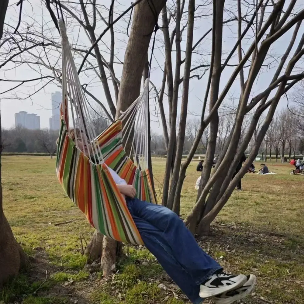 Comfortable Dormitory Hammock Chair Colorful Stripe Canvas Outdoor Hanging Chair with Storage Bag Handwoven Garden Swing Chair