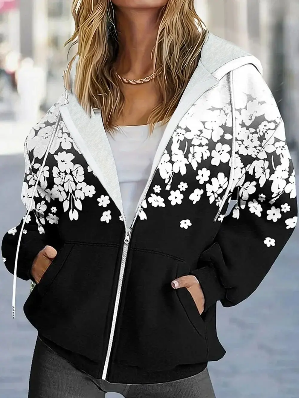 Übergroße Kapuzenjacke mit Blumenmuster und Taschen-Kordelzug, lässige Langarmjacke für Herbst und Winter, Damen-Clot in Übergröße – Detail 2