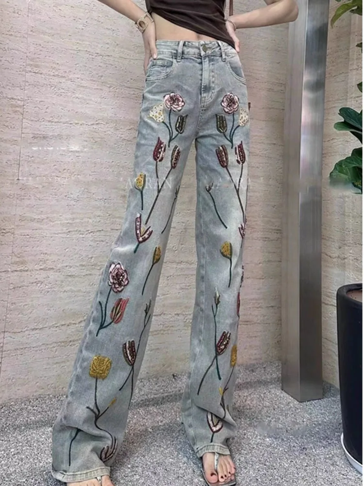 Women's 2024 Spring Summer New Jeans Fashion Embroidery Flower Versatile Straight Mopping Wide-Leg Pants Pocket Denim Trousers