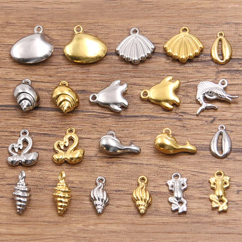 5Pcs 2 Color Stainless Steel Animal Pendant Swan Shell Whale Conch Penguin Charm DIY Necklace For Jewelry Making