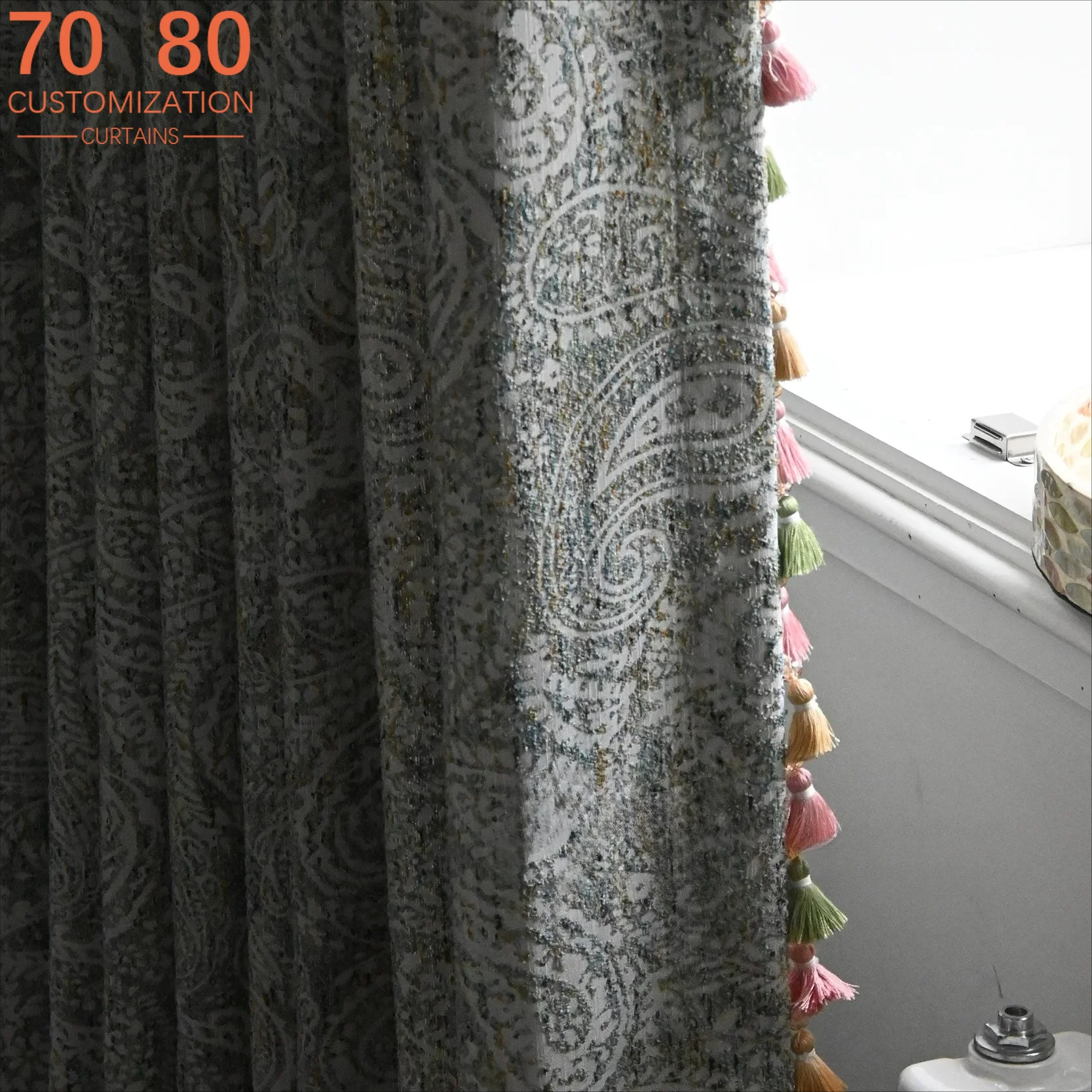 Vintage Paisley Green Jacquard Thickened Blackout Curtains for Living Room Bedroom French Window Partition Curtain Balcony