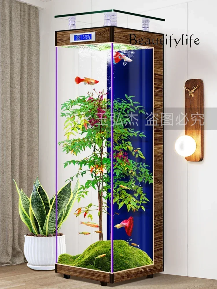

Water New Super White Glass Aquarium Home TV Cabinet Fish Tank Living Room Floor Ecological Change