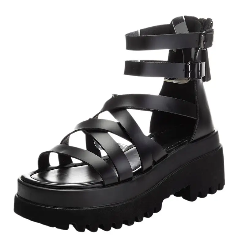 

2026 7cm Genuine Leather Platform Sandas Wedge Shoes Summer Women Roman Boots Open Toe Women Summer Gladiator Cross Tied Zip