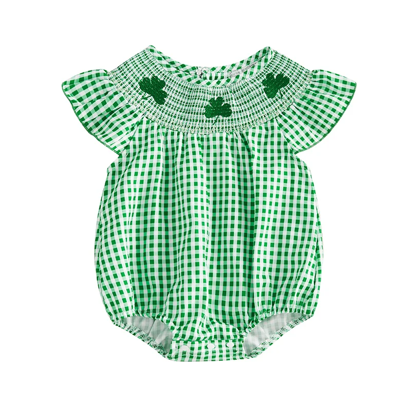 St Patricks Day Baby Girl Outfit Shamrock Smocked Bubble Romper Gingham Flutter Sleeve Bodysuit Cute Spring Jumpsuit