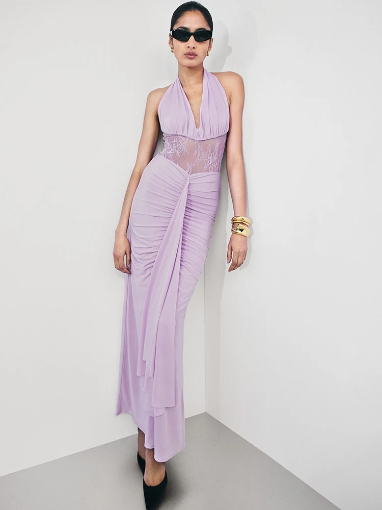 Sukienka maxi damska Mozision, halter, bez pleców, marszczona, seksowna, modna, siateczkowa, prześwitująca, bez rękawów, drapowana, obcisła, na imprezę klubową, długa.