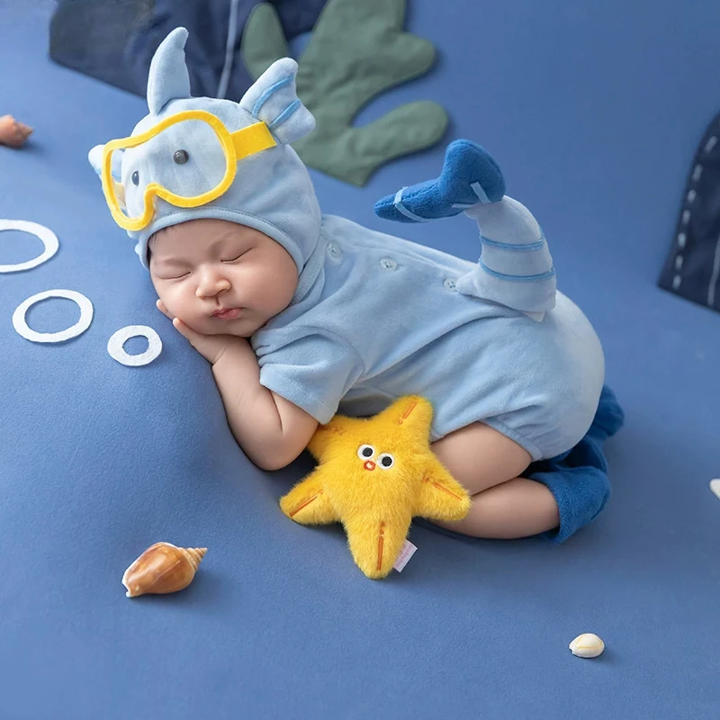 Accessori per Fotografia Neonatale, Sfondo Tema Mondo Sottomarino con Pesci e Conchiglie, Set Decorativo per Servizi Fotografici in Studio