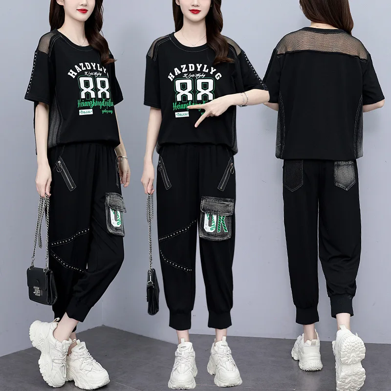 Women's 2024 Summer New Oversized Fashion Printing Casual Set Trend Short Sleeve T-shirt + pants Suits 2PCS