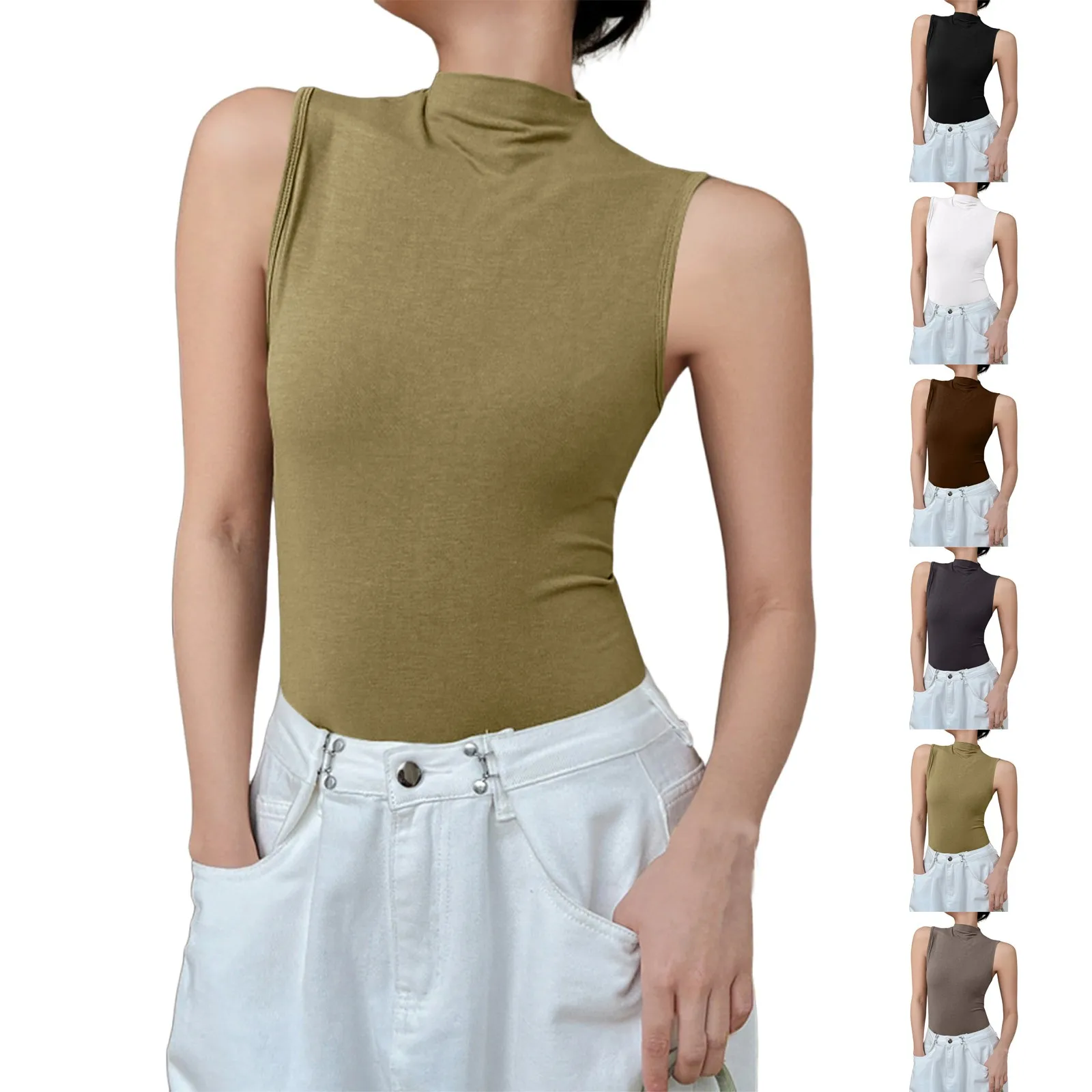 レディースシックな韓国スタイルの小さなベストファッションソリッドカラー弾性ハーフハイネック薄型ノースリーブデイリーストリートウェアボトムストップ