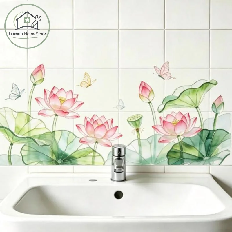 DIY Lotus Flower Wall Decal Waterproof Self-Adhesive Peel & Stick Decor for Bathroom Sink Background Wall
