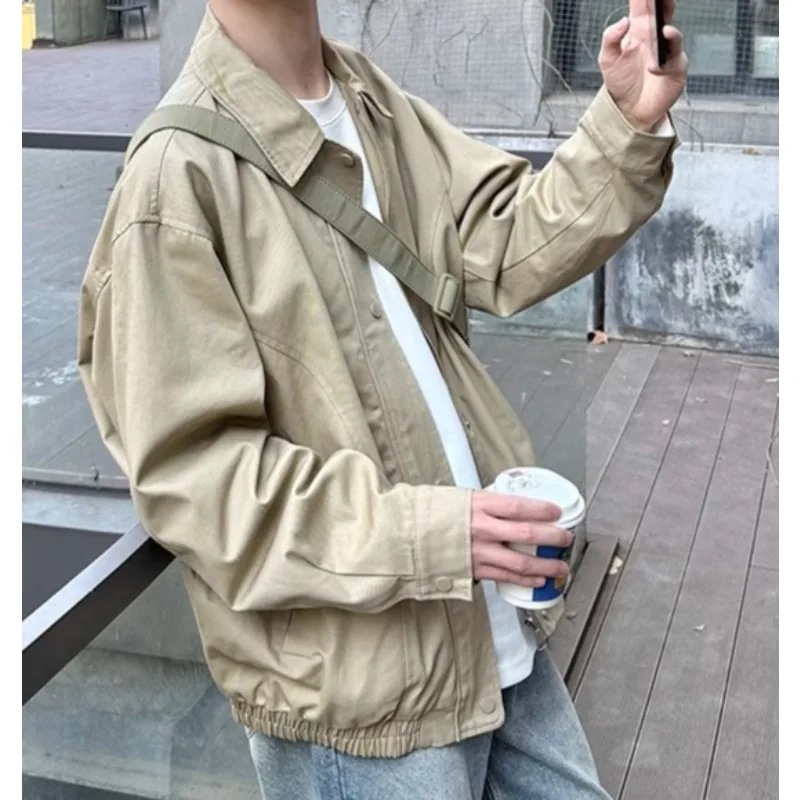 Solid color lapel jacket tooling boys spring and autumn 2026 new versatile loose simple casual coat top