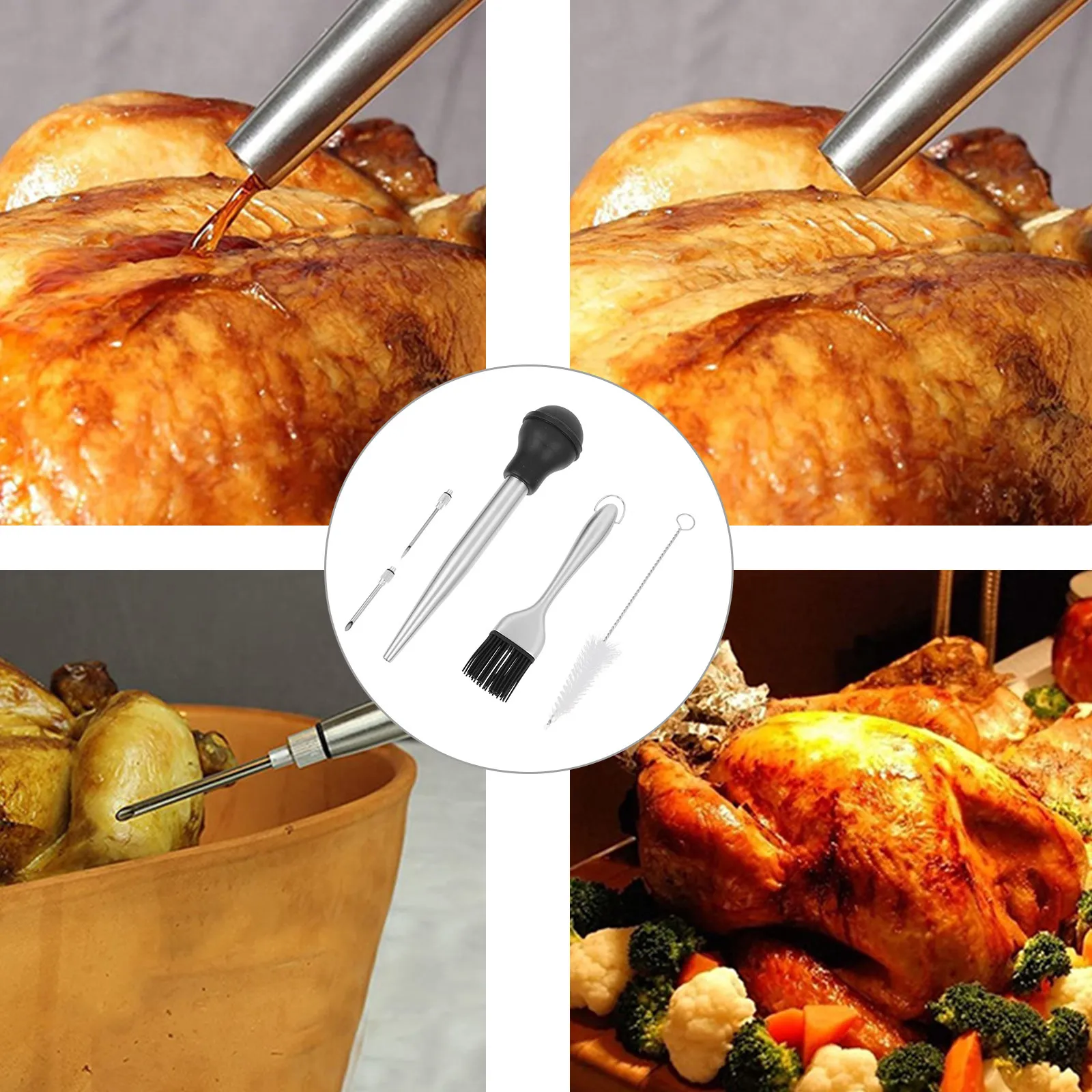 1Set Premium Food Safe Stainless Steel Meat Injection Tool Turkey Flavor Injector for Steak Chicken Pork Outdoor Barbecue