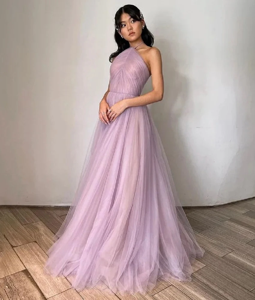 

Customized Sexy Tulle A-Line Evening Dress Temperament Halter Sleeveless Floor Length Bespoke Occasion Gowns Custom Size