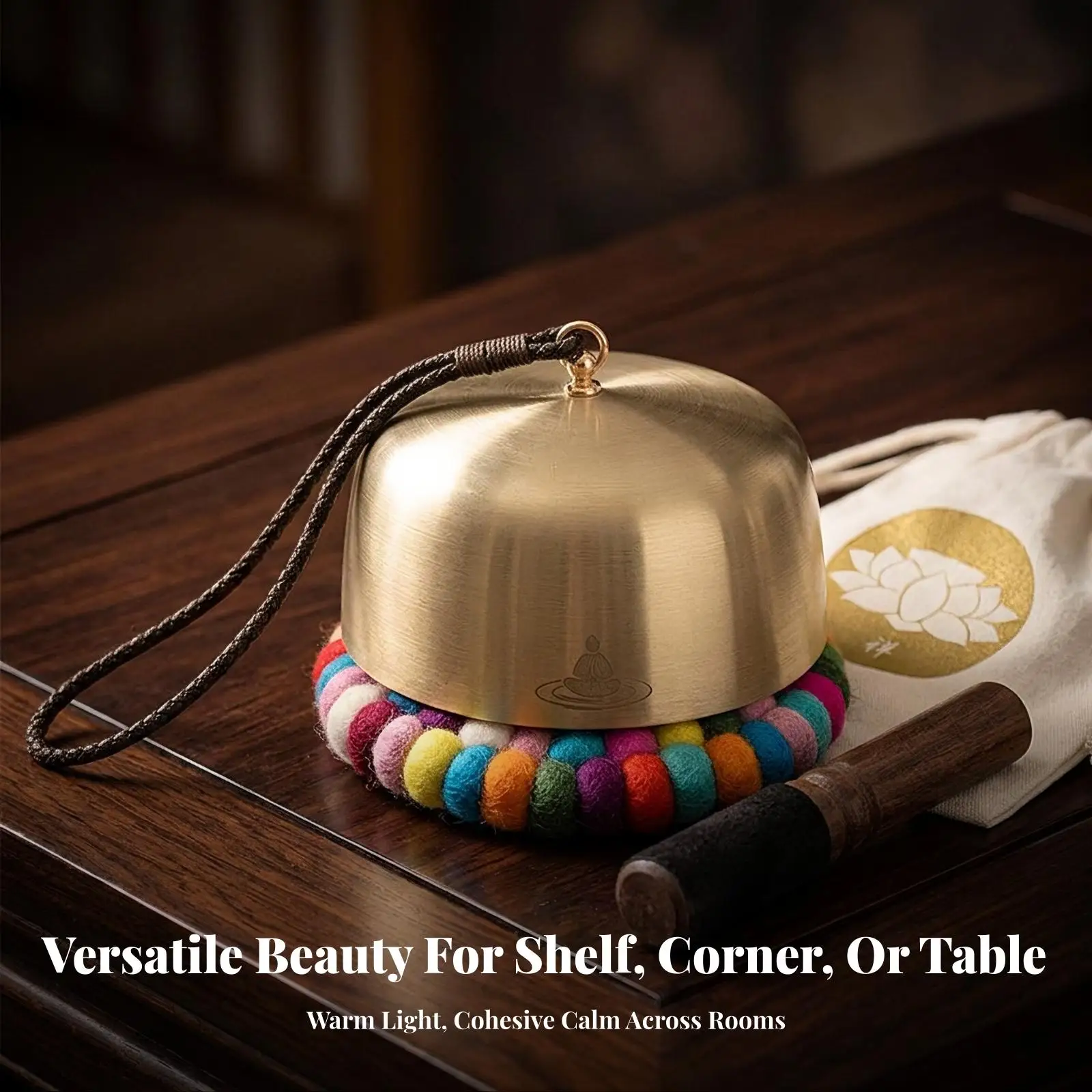 Brass-Toned Hanging Meditation Bowl | Meditation-Style symbol, Compact Portable Design, meditation bowl with Hanging Cord