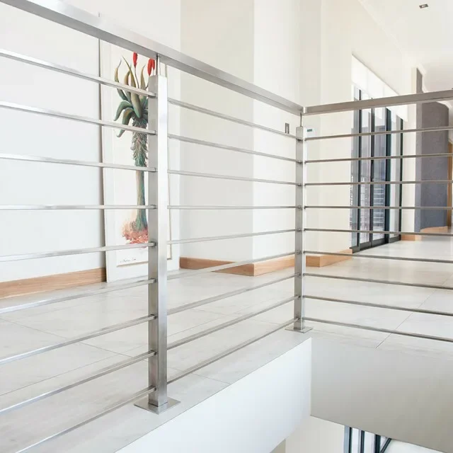 square post balustrade with floor mounted interior rod bar railing